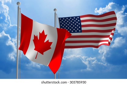 Canada and United States flags flying together for diplomatic talks