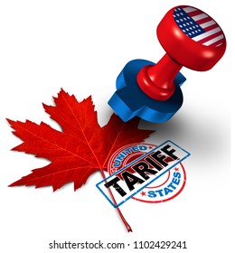 Canada United States tariff on canadian steel and aluminum tariffs as a stamp on a maple leaf as an economic trade taxation NAFTA dispute over import and exports concept with 3D illustration elements.