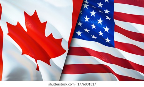 Canada and USA flags. 3D Waving flag design. Canada USA flag, picture, wallpaper. Canada vs USA image,3D rendering. Canada USA relations alliance and Trade,travel,tourism concept