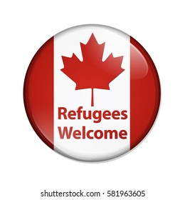 Canada is welcoming refugees button, Canadian button with Canadian flag with text Refugees Welcome isolated over white 3D Illustration
