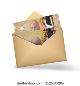 Canadian Dollar Notes Inside An Open Brown Envelope. 3D Illustration Of Money In An Open Envelope