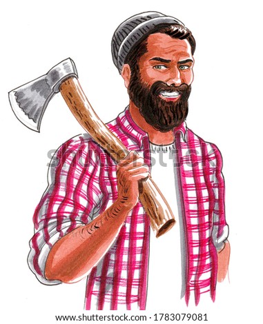 Canadian logger with ax tool. Ink and watercolor drawing