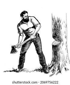 Canadian Lumberjack Cutting Tree With An Axe. Ink Black And White Drawing