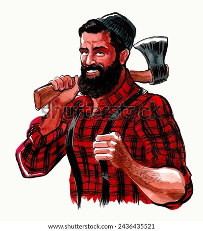Canadian lumberjack. Ink and watercolor drawing