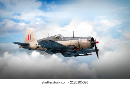 Canadian navy world war II fighter flies through clouds on sky background. 3D render