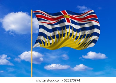 Canadian provincial BC patriotic element and official symbol. Canada banner. Flag of the Canadian province of British Columbia on flagpole waving in the wind, blue sky background. Fabric texture