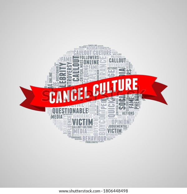 Cancel culture illustration word cloud with\
ribbon over grey gradient\
background.