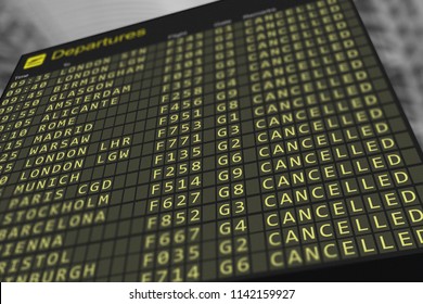 Cancelled Flights On 3D Illustration Of Airport Departure Board, Dummy Data, No Trademarks.