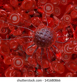 Cancer Cell And Blood Cells - 3d Rendered Illustration