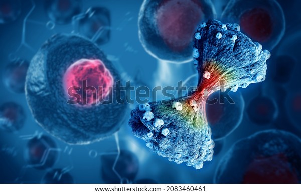 Cancer cell dividing and embryonic stem\
cells in the background. 3D\
illustration
