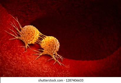 Cancer Cell Dividing And Treatment For Malignant Cancer Cells In A Human Body Caused By Carcinogens With A Cancerous Cell As An Immunotherapy Symbol And Medical Therapy As A 3D Illustration.