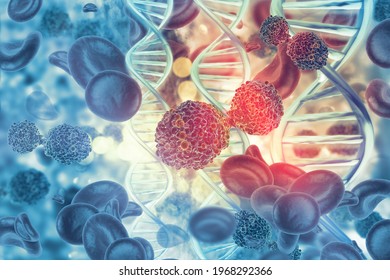 Cancer Cells On Dna Stand Background. 3d Illustration