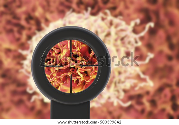Cancer treatment concept. 3D illustration\
showing optical sight directed on cancer\
cell