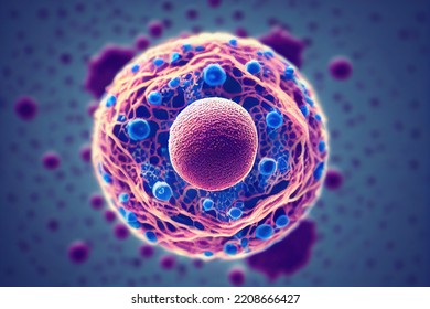 Cancer Virus Nucleus Sphere Inside Organism. Cancerous Dna Struck Human Gene. Tumor Closeup View Under Microscope. Antibody Mutation. Metastasis Magnification. Medicine And Immunology