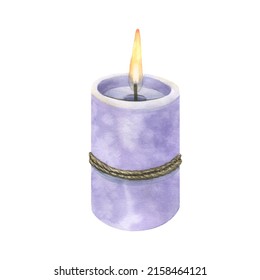 A candle with a jute rope, with a flame, lilac color from a large set of Lavender SPA. Isolated object. For the design and decoration of postcards, posters, menus, price lists, beauty salons. - Powered by Shutterstock