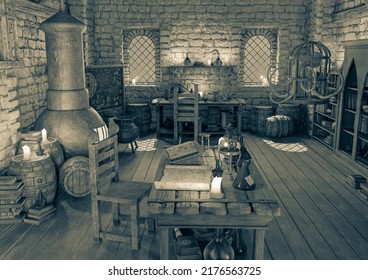 Candle On Alchemy Lab Background Scene Two, 3d Illustration