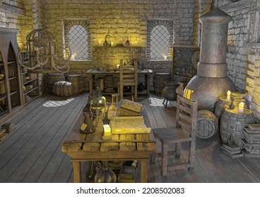 Candle On Alchemy Lab Background Scene Two, 3d Illustration