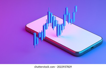 Candle Stick Graph Chart Of Online Stock Market Trading With Mobile Phone ,3d Render Illustration Background