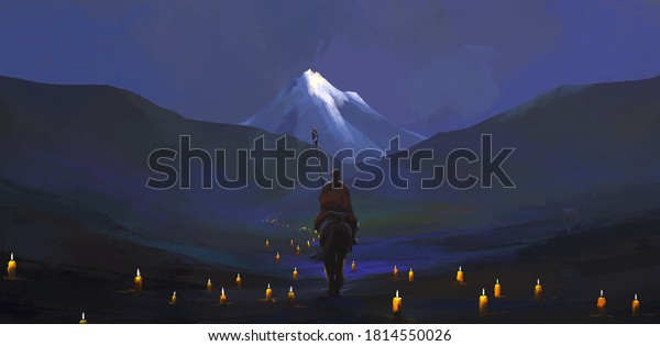 The candlelight pilgrimage road, digital mountain wall mural painting.