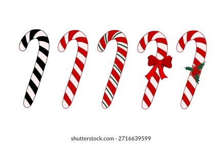 Candy cane icon set with red ribbon and holly berry decoration.  Merry Christmas Happy New Year candycane illustration. Holiday elements.