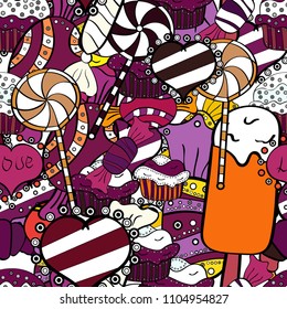 Candy doodle. Seamless pattern with watercolor sweets candies. On white, black and purple colors.