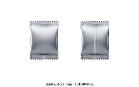 Candy Foil Bag Isolated On White Background.sachet Mockup Front And Rear Side.plastic Package For Beverage.3D Rendering