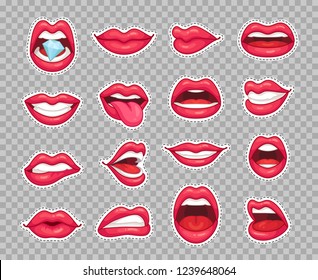 Candy lips patches. Vintage 80s fashion cartoon stickers with girl showing tongue smiling and diamond bitten lip with retro cherry sexy red lipstick makeup. Sticker patch isolated  icon set
