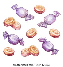 Candy, lollipop, caramel sweets with and without wrapping. Colored pencil sketch. Hand-drawn illustration isolated on white.