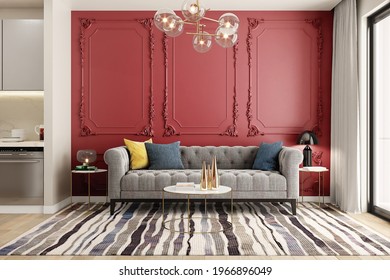 Candy Red classical wall panelling with sofa and hanging light interior design idea 3d render .   