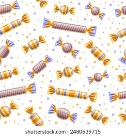 Candy Seamless Pattern, square repeating wrapped candies background for cute child textile, poster with cut out illustrations of variety wrapped in foil, yummy hard candies on white background