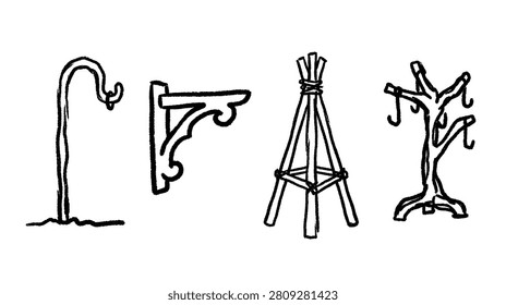 Cane hook tripod and coat rack shapes shown as practical household doodles.
