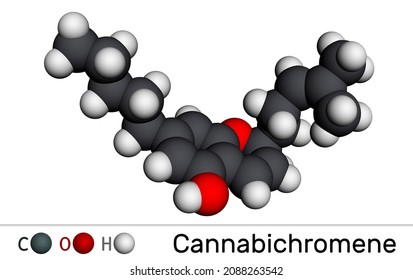 Cannabichromene, CBC molecule. It is phytocannabinoid found in Cannabis sativa and Helichrysum species. Molecular model. 3D rendering. Illustration 