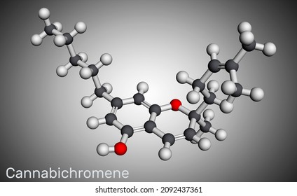 Cannabichromene, CBC molecule. It is phytocannabinoid found in Cannabis sativa and Helichrysum species. Molecular model. 3D rendering. Illustration 