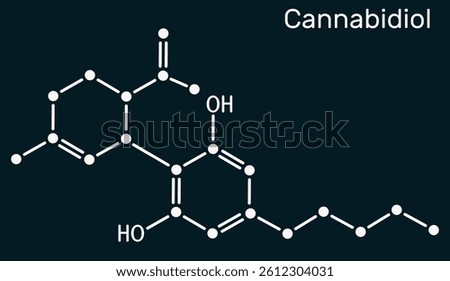 Cannabidiol, CBD molecule. Phytocannabinoid, structural chemical formula, dark blue background. Scientific illustration