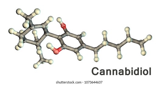Cannabidiol molecule, 3D illustration. A phytocannabinoid derived from Cannabis species, it lacks psychoactive activity and has analgesic, antineoplastic, anti-inflammatory and chemopreventive