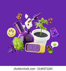Cannabis CBD oil, smoking devices, hemp products. Growing, medical marijuana, recreational weed concept 3D style illustration.