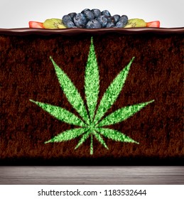 Cannabis Edibles Or Marijuana Edible Brownie Or Cake Snack With A Leaf Representing Hemp Baked Good Herbal Food Infused With Psychoactive Medicinal Ingredient In A 3D Illustration Style.