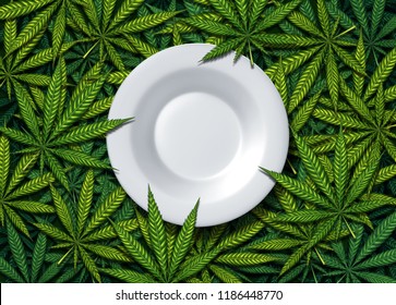 Cannabis Food And Weed Edibles Or Marijuana Edible Snack With A Dinner Plate On Leaves Representing Hemp Herbal Meal Infused With Psychoactive Medicinal Ingredient With 3D Illustration Elements.