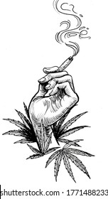 Cannabis Leaves And Hand With A Smoking Marijuana Joint. Ink Black And White Drawing