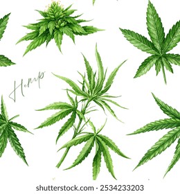 Cannabis plant green leaf, stem, flower element seamless pattern design. Hemp medicine plant watercolor illustration. Cannabis sativa and indica herb seamless pattern on white background - Powered by Shutterstock