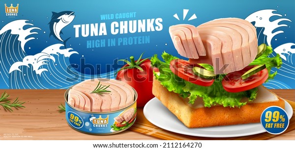Canned tuna chunk banner ad. 3D Illustration of a
tasty tuna sandwich made with canned tuna flesh and fresh salad on
wooden table with bluefin tuna jumping out from sea waves depicted
in the back