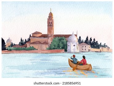 Canoe Boat At Lake Or Sea Near City Landscape. Water Rafting Adventure. Watercolor Outdoors Sail Activity Travel