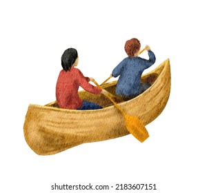 Canoe Boat With People. Watercolor Rafting Active Sport Illustration. Kayak With Two Men Drawing