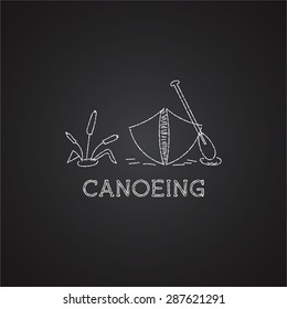 Canoe Logo And Icon. Chalk Drawing Design On Black Background. Can Be Used As Banner, Poster, Logo Etc.  Illustration