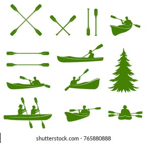 Canoe silhouettes. Rafting. Design elements for label, logo, emblem.