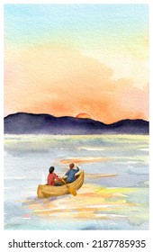 Canoe At Water Landscape - Lake Or Sea, Mountains, Sunset And Sailing Kayak Boat . Watercolor Outdoor Rafting Travel Illustration 