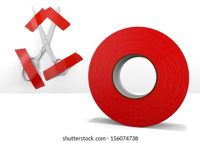 Can't Cut Through the Red Tape Scissors held captive against a white wall by tape.