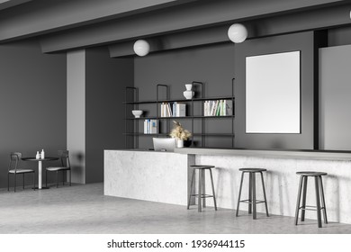 Canteen Interior In School, College Or Office. Cafeteria, Dining Room In University, Cafe With Tables And Chairs, Counter Bar Hotel. Mock Up White Poster Copy Space. 3d Rendering.