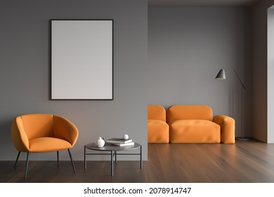Canvas in grey and orange seating area with living room sofa on background. Modern interior design, using single armchair, wood floor and minimalist details. Creative concept. Mockup. 3d rendering