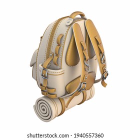 Canvas and leather backpack Back side view 3D render illustration isolated on white background